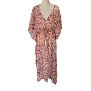 Rujuta Sheth Anthropologie Pink Shell Print Maxi Dress Cinch Drawstring Waist OS